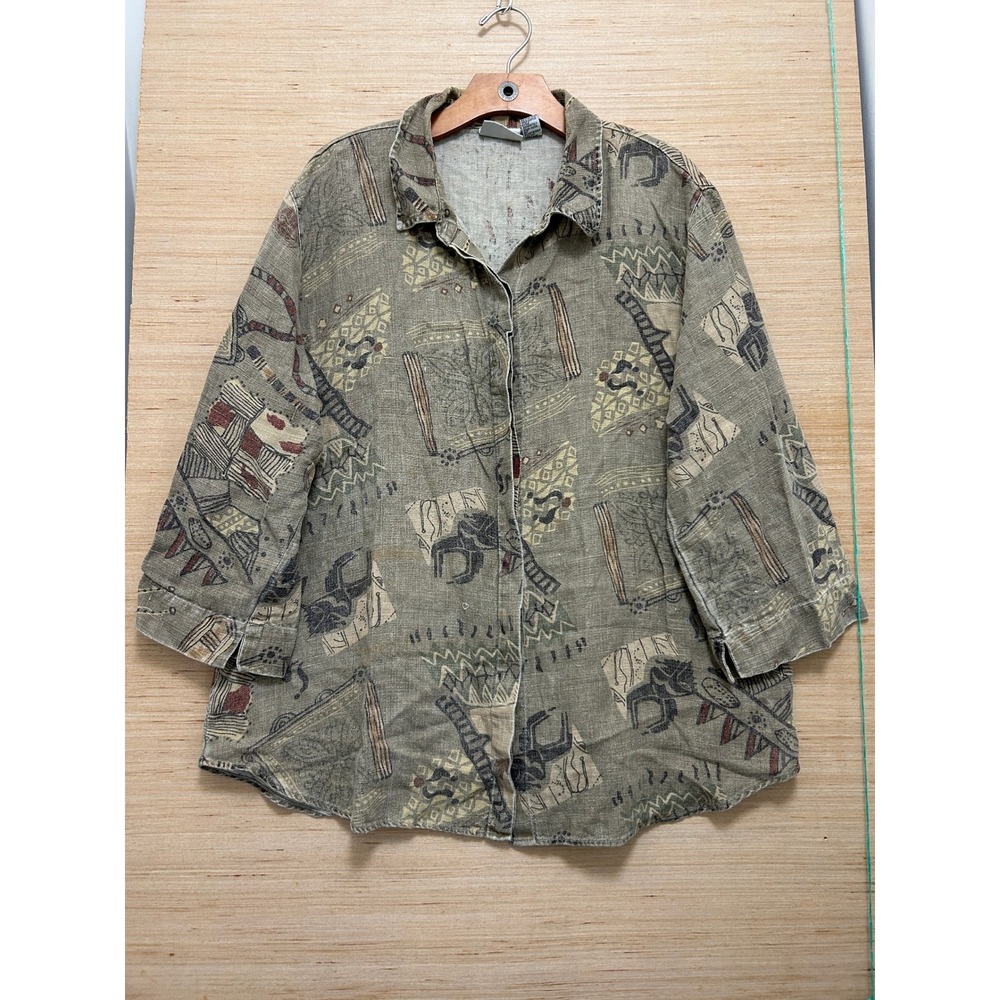 Chicos Design 100% Linen Tribal Print Button Down Shirt Green‎ Tan Size 3 XL